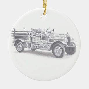 vintage firetruck pencil sketch fireman drawing  ceramic ornament
