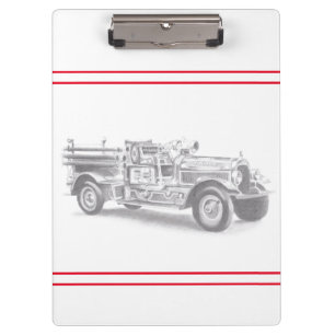 vintage firetruck pencil sketch fireman drawing  clipboard