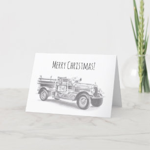 vintage firetruck pencil sketch fireman drawing  holiday card