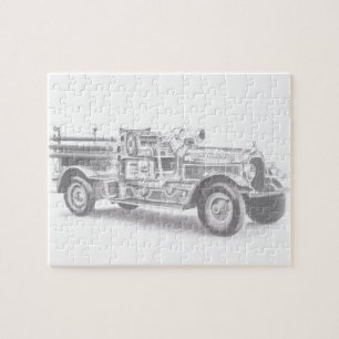 vintage firetruck pencil sketch fireman drawing  jigsaw puzzle