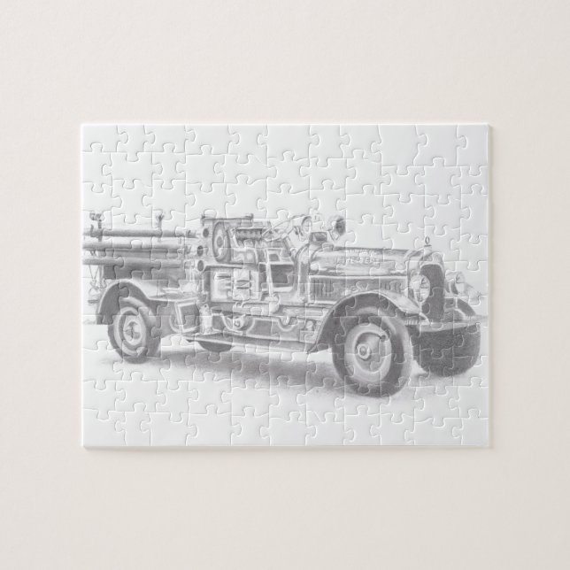 vintage firetruck pencil sketch fireman drawing  jigsaw puzzle (Horizontal)