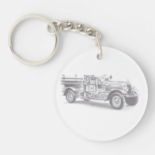 vintage firetruck pencil sketch fireman drawing  keychain
