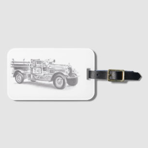 vintage firetruck pencil sketch fireman drawing   luggage tag