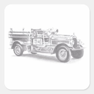 vintage firetruck pencil sketch fireman drawing square sticker