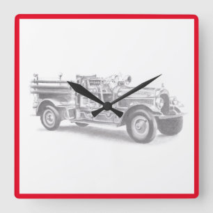 vintage firetruck pencil sketch fireman drawing square wall clock