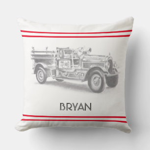 vintage firetruck pencil sketch fireman drawing  t throw pillow