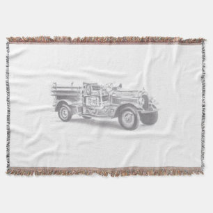 vintage firetruck pencil sketch fireman drawing  throw blanket