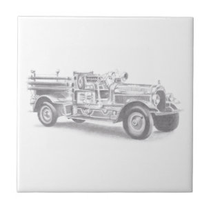 vintage firetruck pencil sketch fireman drawing  tile