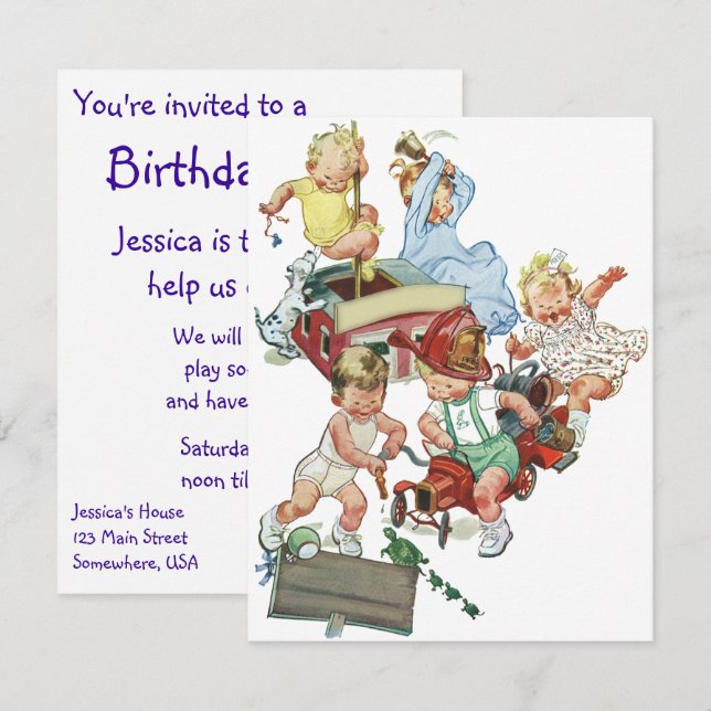 Vintage Firetrucks Child Birthday Party Invitation (Front/Back)