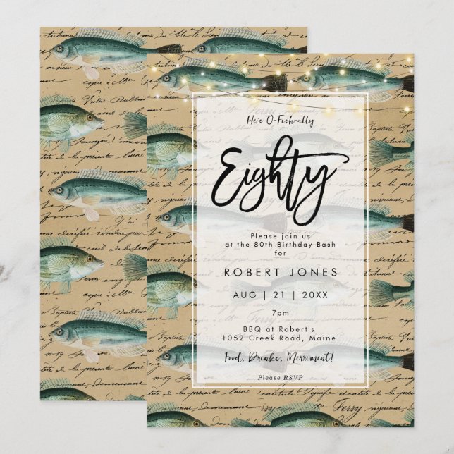 vintage fish 80th birthday party invitation (Front/Back)