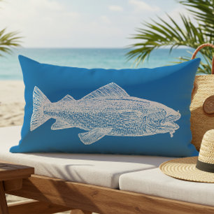 Vintage Fish Bright Blue and White Coastal Outdoor Lumbar Pillow