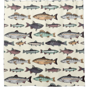 Vintage fish drawings, seamless pattern.