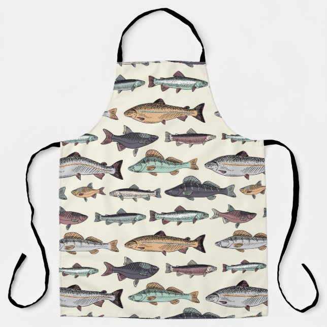Vintage fish drawings, seamless pattern. apron (Front)
