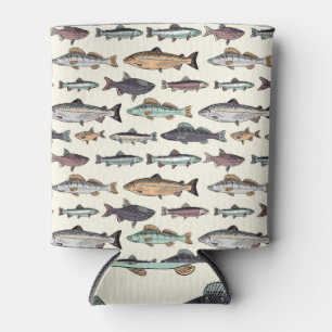 Vintage fish drawings, seamless pattern. can cooler