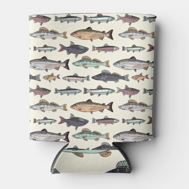 Vintage fish drawings, seamless pattern. can cooler (Front)