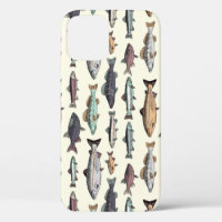 Vintage fish drawings, seamless pattern.