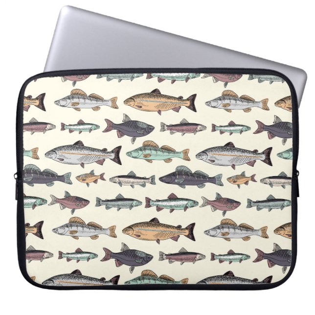 Vintage fish drawings, seamless pattern. laptop sleeve (Front)