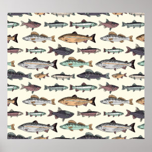 Vintage fish drawings, seamless pattern. poster