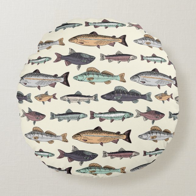 Vintage fish drawings, seamless pattern. round pillow (Front)