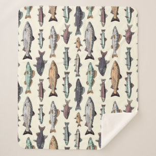 Vintage fish drawings, seamless pattern. sherpa blanket