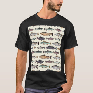 Vintage fish drawings, seamless pattern. T-Shirt