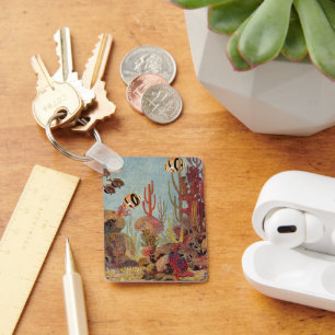 Vintage Fish in Ocean, Tropical Coral Angelfish Keychain