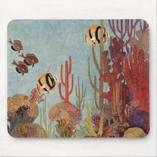 Vintage Fish in Ocean, Tropical Coral Angelfish Mouse Pad