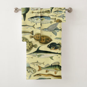 Vintage Fish Scientific Fishing Art Bath Towel Set