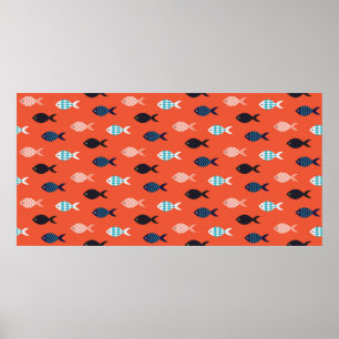 vintage fish seamless pattern. Shoal of fish in ro Poster