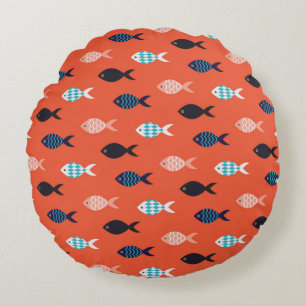 vintage fish seamless pattern. Shoal of fish in ro Round Pillow