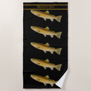 Vintage fish watercolor trout pattern black beach beach towel