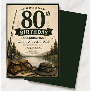 Vintage Fishing 80th Birthday Invitation