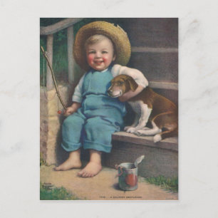 Vintage fishing boy with dog postcard