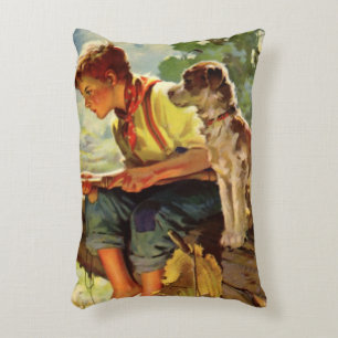 Vintage Fishing, Boy with His Puppy and Worms Accent Pillow