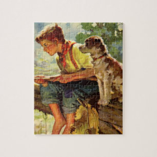 Vintage Fishing, Boy with His Puppy and Worms Jigsaw Puzzle