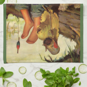 Vintage Fishing, Boy with His Puppy and Worms Kitchen Towel