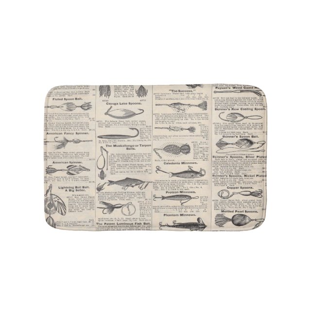 Vintage Fishing Lures: Antique 1900s Fisherman Bath Mat (Front)