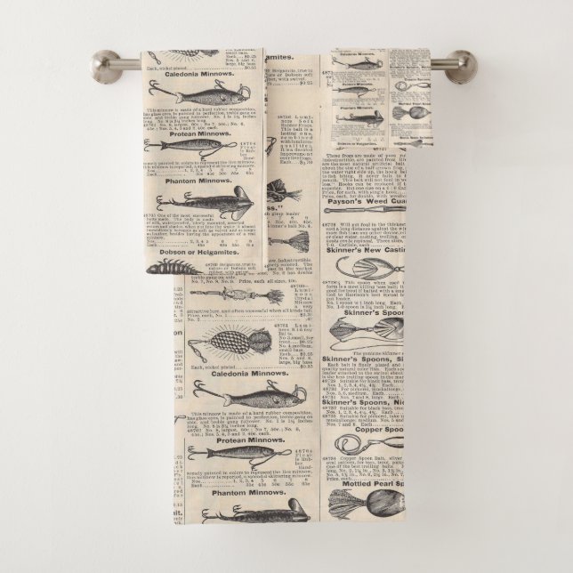 Vintage Fishing Lures: Antique 1900s Fisherman Bath Towel Set (Insitu)