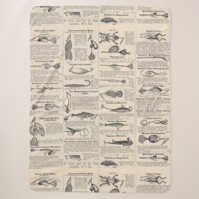 Vintage Fishing Lures: Antique 1900s Fisherman Sherpa Blanket (Front)