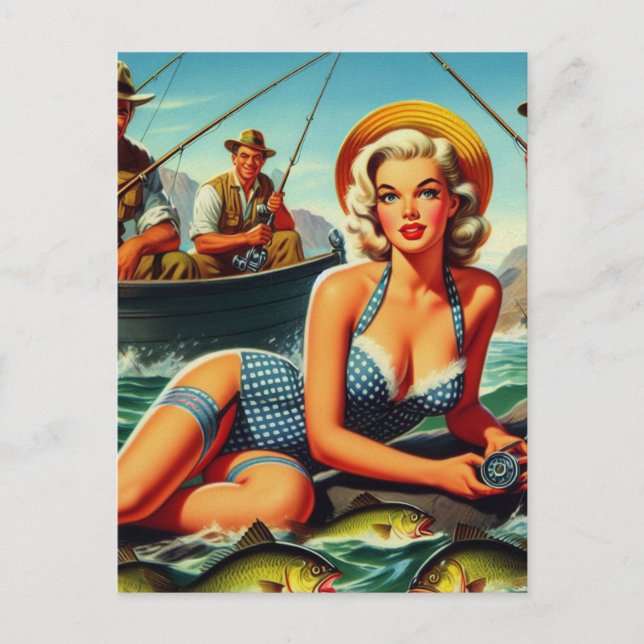 Vintage Fishing Pin Up Postcard (Front)