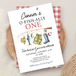 Vintage Fishing Rod O-Fish-Ally One 1st Birthday  Invitation<br><div class="desc">Vintage Fishing Rod O-Fish-Ally One 1st Birthday Invitation

Cute boy's fishing themed first birthday invitation featuring a fishing rod with fishing boots,  fish,  lure,  bobber,  fishing hat and fishing jacket.  The back has a red and white gingham pattern. This template can be used for any age.</div>