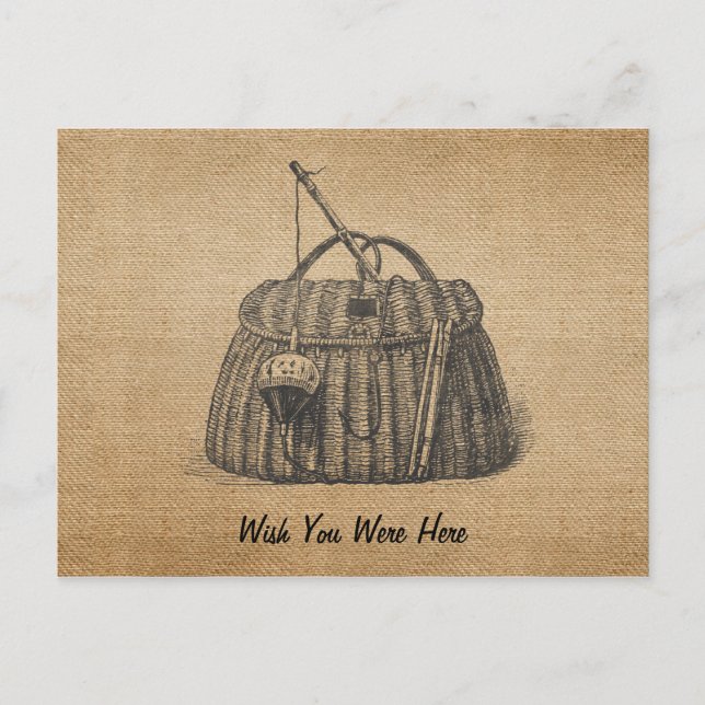 Vintage Fishing Tackle Box Burlap Postcard (Front)