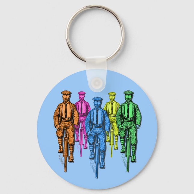Vintage Five Fellas on Bikes Illustration Keychain (Front)