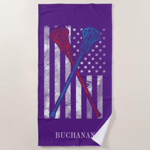 Vintage Flag and Lacrosse Bats Personalized Beach Towel