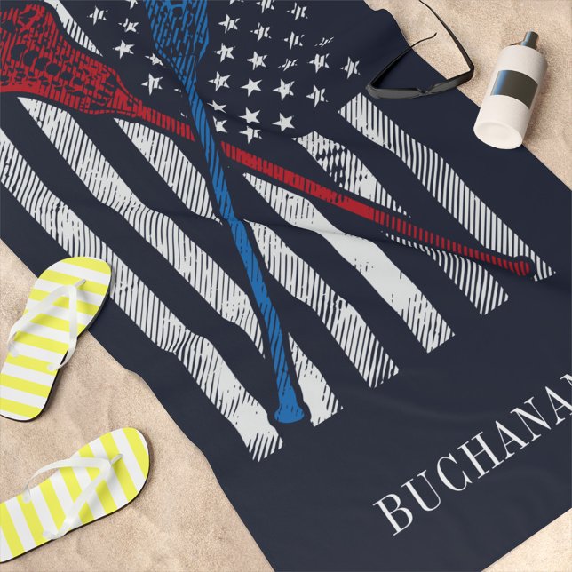 Vintage Flag and Lacrosse Bats Personalized Beach Towel (Creator Uploaded)