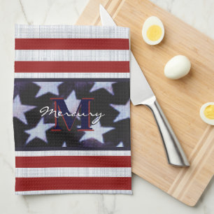  Vintage Flag Patriotic July 4th Custom Monogram 2 Kitchen Towel