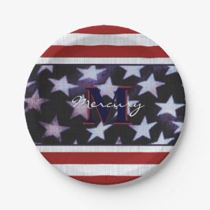  Vintage Flag Patriotic July 4th Custom Monogram 2 Paper Plate