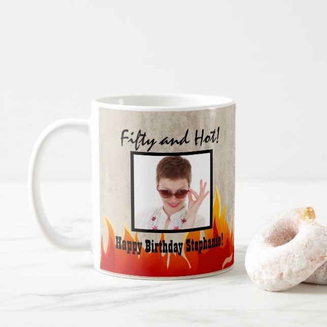Vintage Flames Personalized 50th Birthday Party Coffee Mug (With Donut)