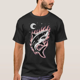 Vintage Flaming Shark Tattoo Art Retro Celestial T-Shirt