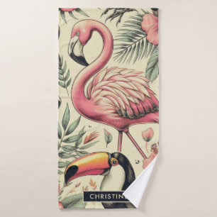 Vintage Flamingo and Toucan Seamless Bath Towel
